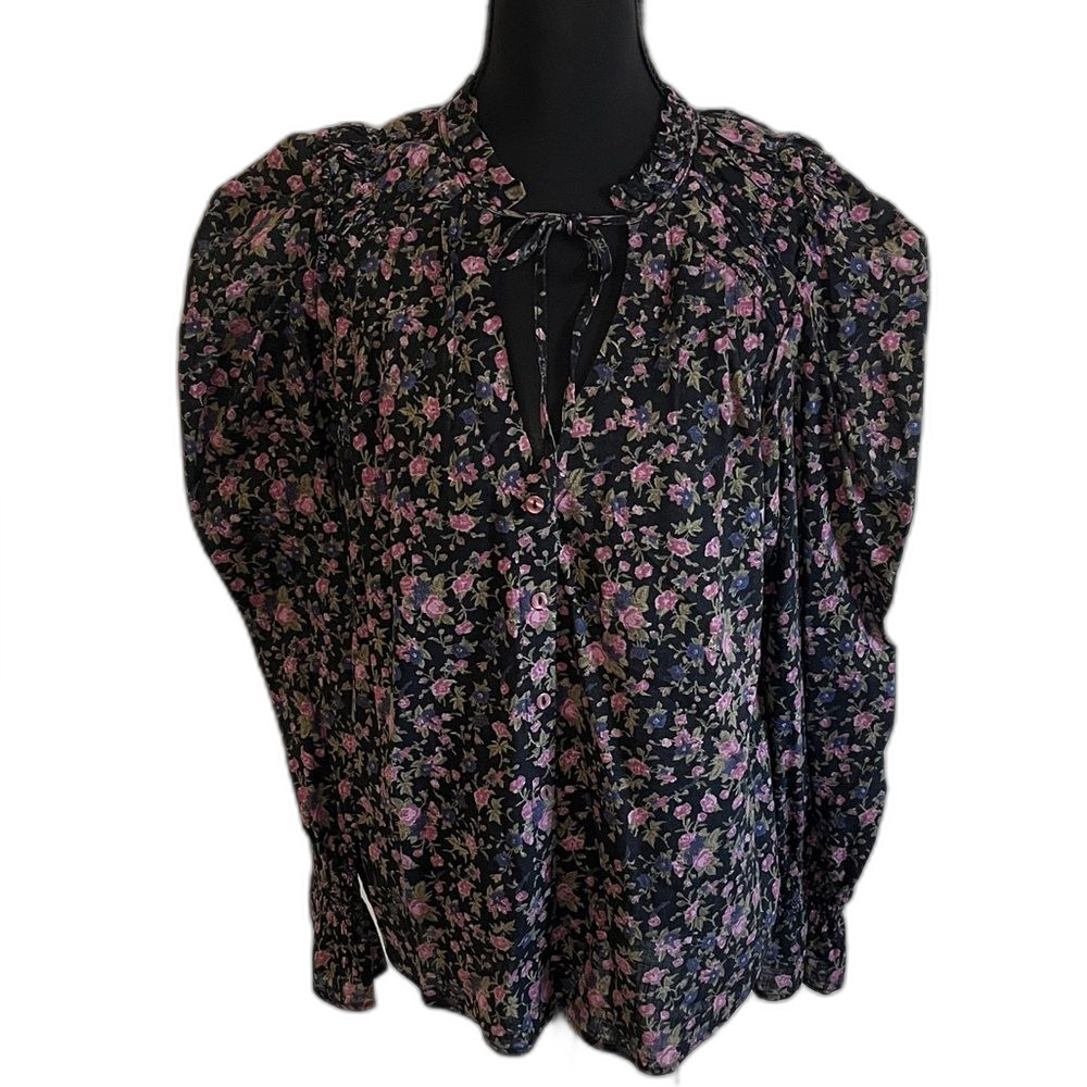 Free People Meant To Be Black Floral Cotton Puff Sleeve Top Small Cottagecore